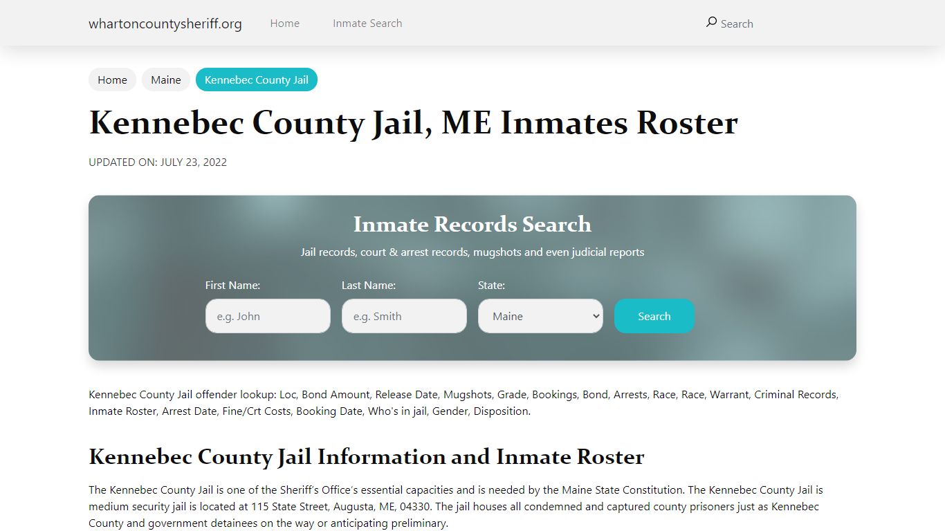 Kennebec County Jail, ME Jail Roster, Name Search